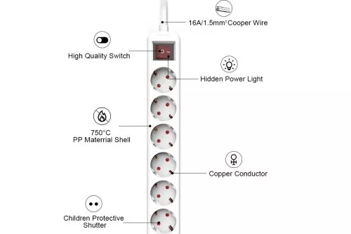 Socket strip, 6-way, with switch, GS, CE, white, cable length 1.30m